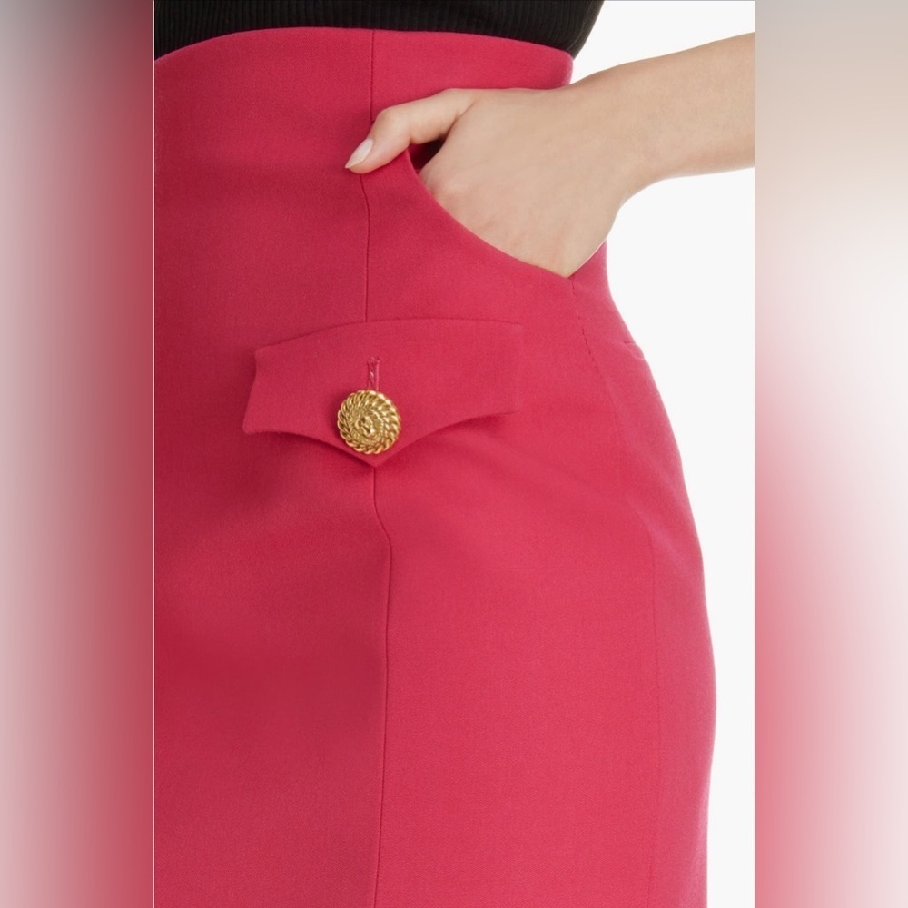 NWT Balmain Skirt Hot Pink High Waist Wool Miniskirt Fuchsia Gold Buttons Accent